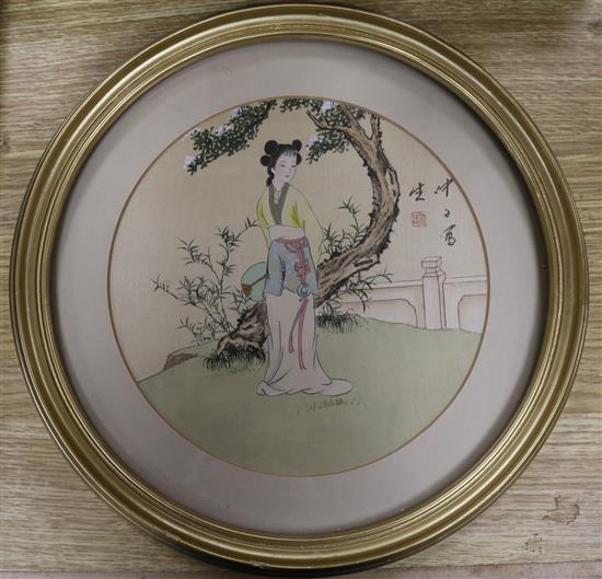 Chinese School, pair of watercolours on silk, birds and flowers, 26 x 17cm and a pair of roundels
